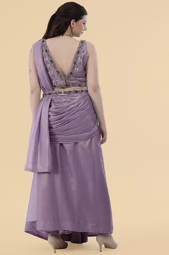 Mauve shimmer georgette draped saree with crystal embroidery