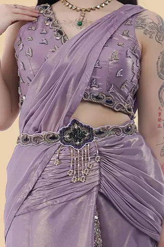 Mauve shimmer georgette draped saree with crystal embroidery