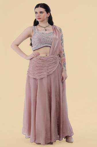Onion pink crepe draped skirt set with embroidered blouse