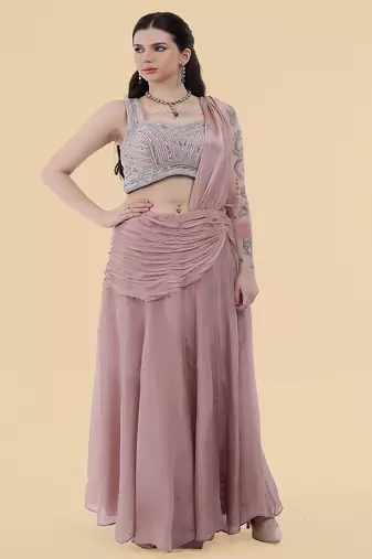 Onion pink crepe draped skirt set with embroidered blouse