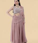 Onion pink crepe draped skirt set with embroidered blouse