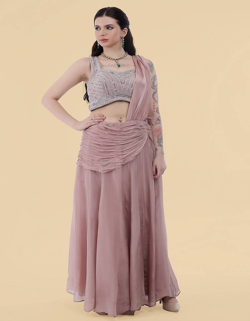 Onion pink crepe draped skirt set with embroidered blouse
