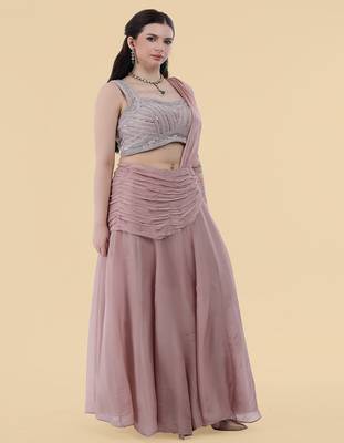 Onion pink crepe draped skirt set with embroidered blouse 2