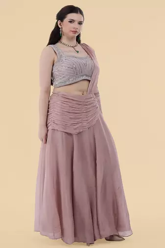 Onion pink crepe draped skirt set with embroidered blouse