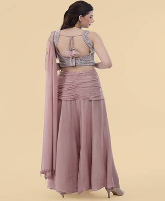 Onion pink crepe draped skirt set with embroidered blouse 3
