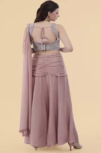 Onion pink crepe draped skirt set with embroidered blouse