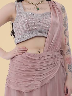 Onion pink crepe draped skirt set with embroidered blouse 4