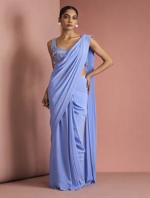 Blue crepe drape saree with pearl work blouse 1