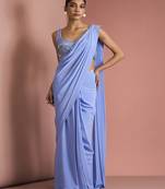 Blue crepe drape saree with pearl work blouse