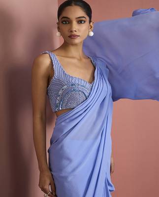 Blue crepe drape saree with pearl work blouse 2
