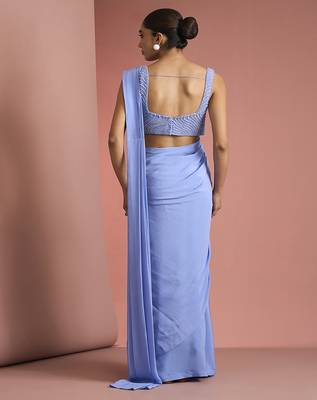 Blue crepe drape saree with pearl work blouse 4