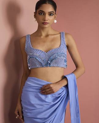 Blue crepe drape saree with pearl work blouse 5