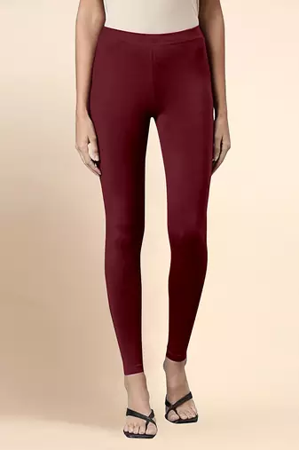 Maroon Microfiber elastane stretch soft ankle length leggings with ultrasoft waistband