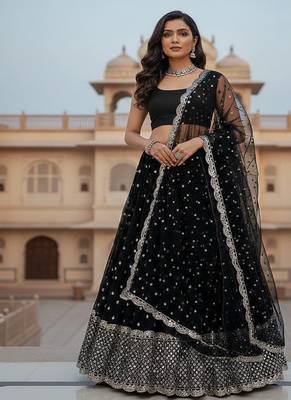 Black Georgette Sequin Work Lehenga set with Banglori Satin Blouse & Net Dupatta 1