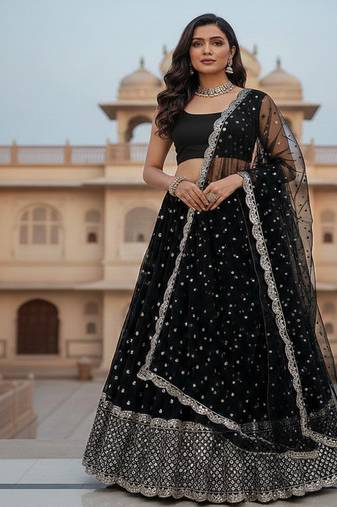 Black Georgette Sequin Work Lehenga set with Banglori Satin Blouse & Net Dupatta