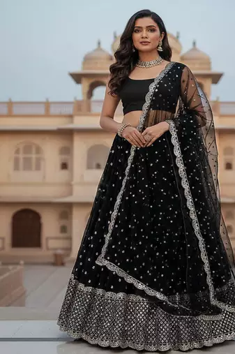 Black Georgette Sequin Work Lehenga set with Banglori Satin Blouse & Net Dupatta