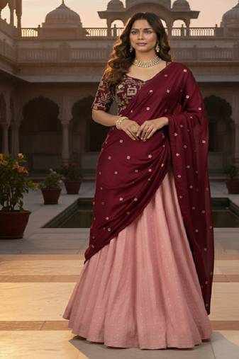 Pink Banarasi Zari Silk Lehenga Set with Sequin Embellished Dupatta