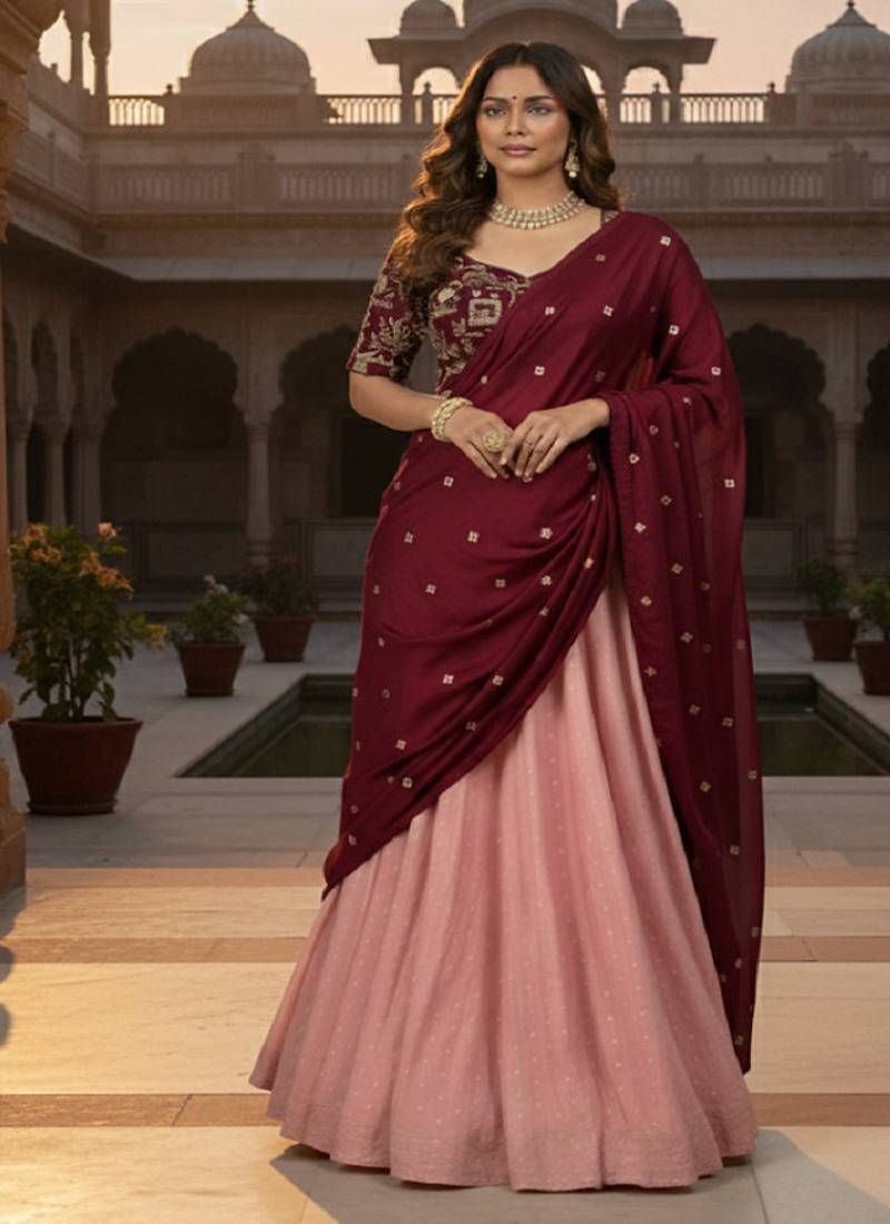 Pink Banarasi Zari Silk Lehenga Set with Sequin Embellished Dupatta