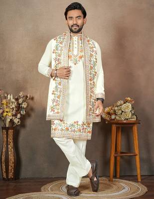 white embroidery & sequin work silk straight kurta set 1
