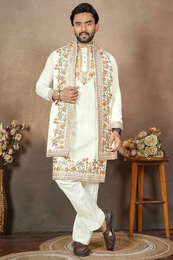 white embroidery & sequin work silk straight kurta set