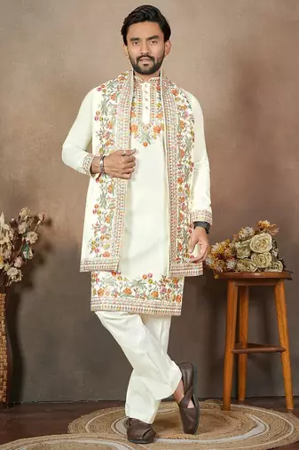 White embroidery & sequence work silk straight kurta set