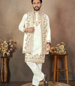 White embroidery & sequence work silk straight kurta set