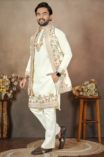 white embroidery & sequin work silk straight kurta set