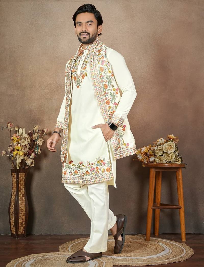White embroidery & sequence work silk straight kurta set