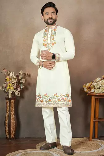 white embroidery & sequin work silk straight kurta set