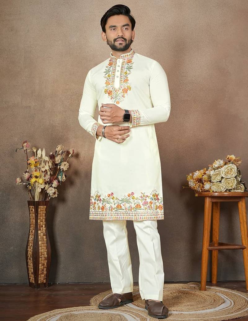 White embroidery & sequence work silk straight kurta set