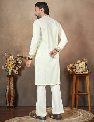 white embroidery & sequin work silk straight kurta set 4
