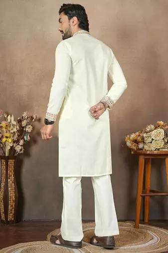 white embroidery & sequin work silk straight kurta set