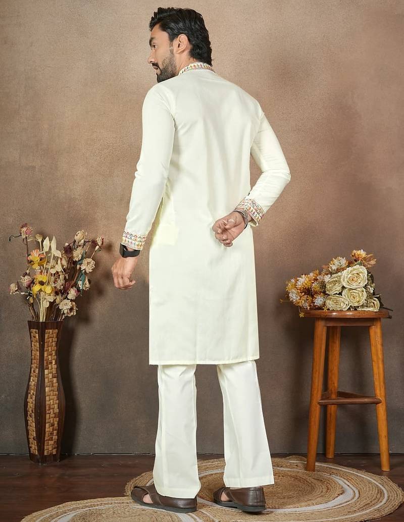 White embroidery & sequence work silk straight kurta set