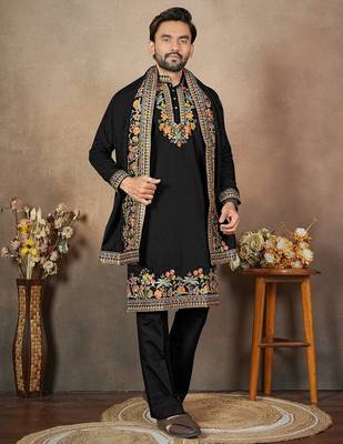 Black embroidery & sequence work silk straight kurta set 1