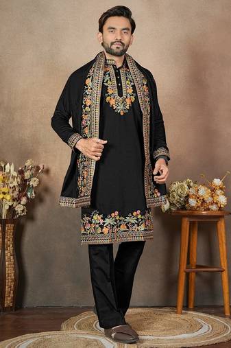 Black embroidery & sequence work silk straight kurta set