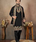 Black embroidery & sequence work silk straight kurta set