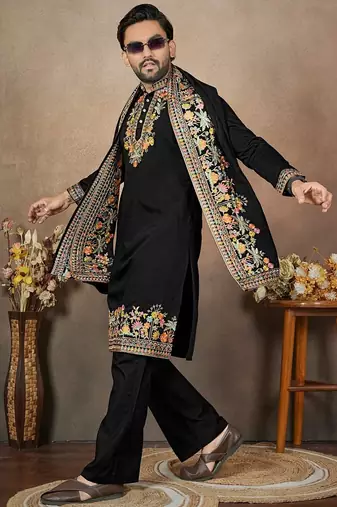 Black embroidery & sequence work silk straight kurta set