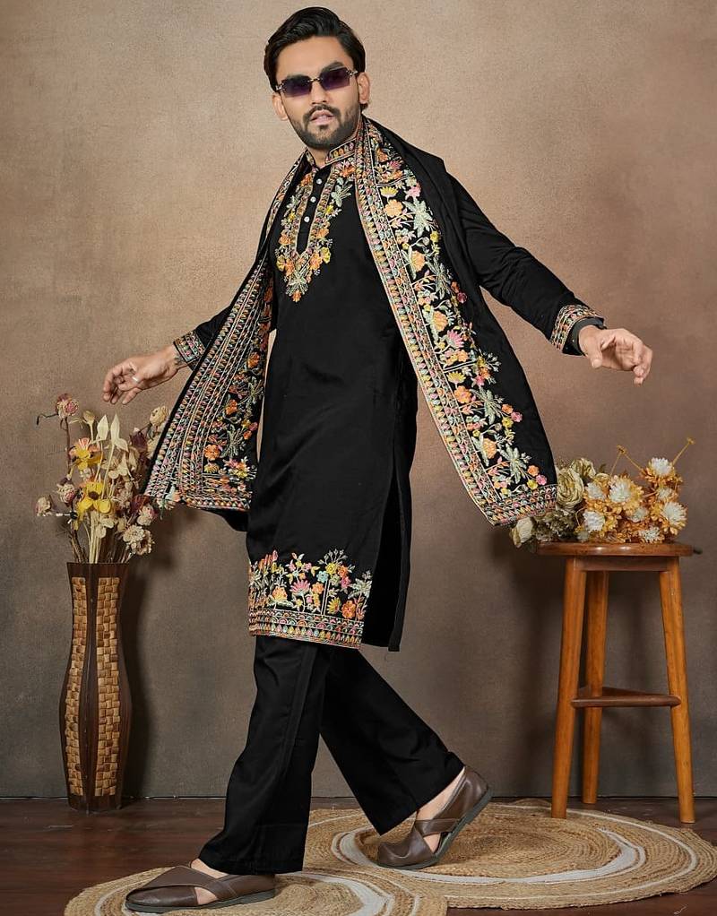 Black embroidery & sequence work silk straight kurta set