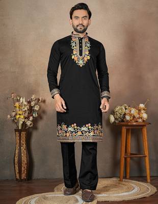 Black embroidery & sequence work silk straight kurta set 3