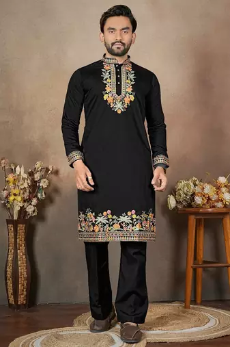 Black embroidery & sequence work silk straight kurta set