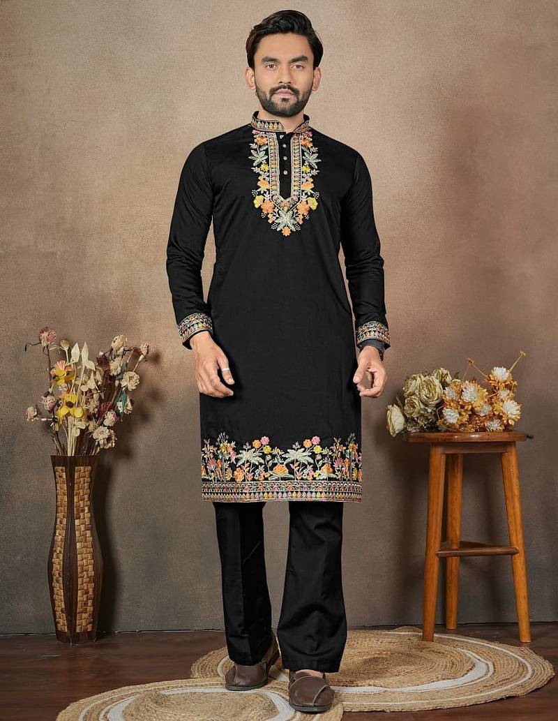 Black embroidery & sequence work silk straight kurta set