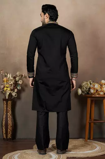 Black embroidery & sequence work silk straight kurta set