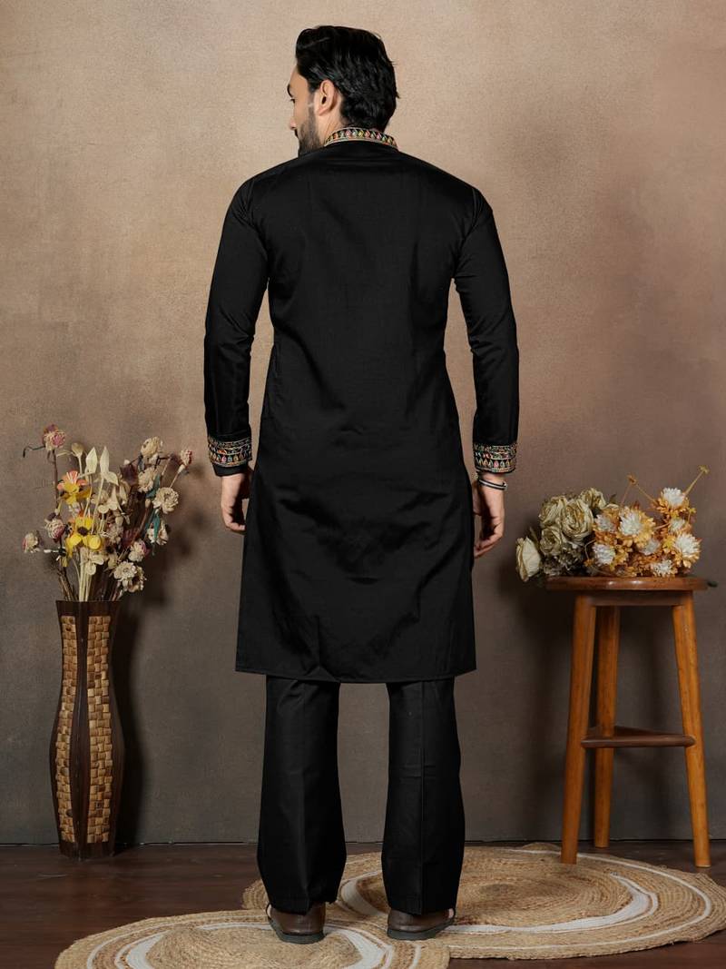 Black embroidery & sequence work silk straight kurta set