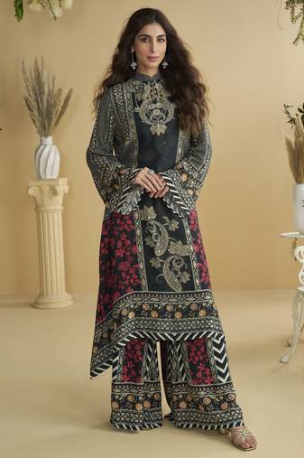 Black crepe silk printed kurta palazzo set