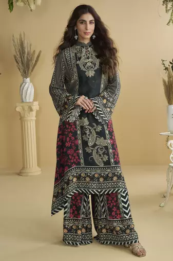 Black crepe silk printed kurta palazzo set