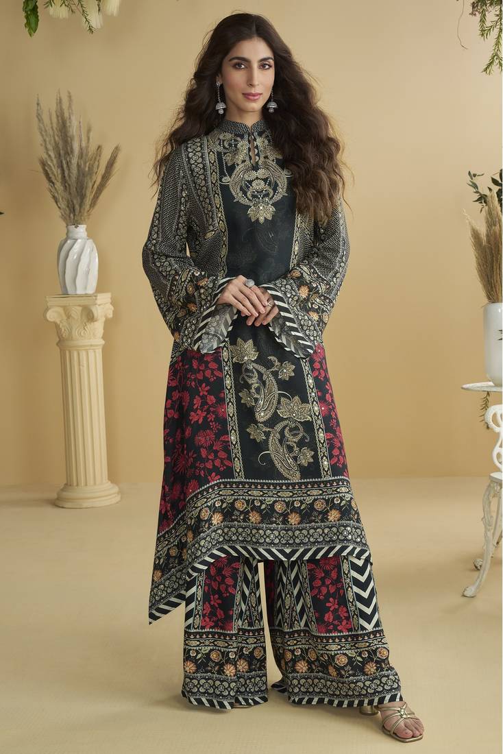 Black crepe silk printed kurta palazzo set
