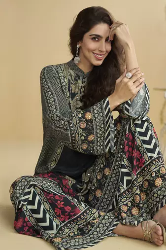 black crepe silk printed kurta palazzo set