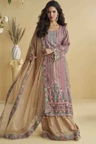Pink crepe silk printed kurta palazzo set