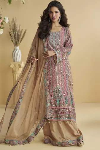 Pink crepe silk printed kurta palazzo set