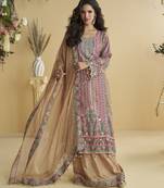 pink crepe silk printed kurta palazzo set